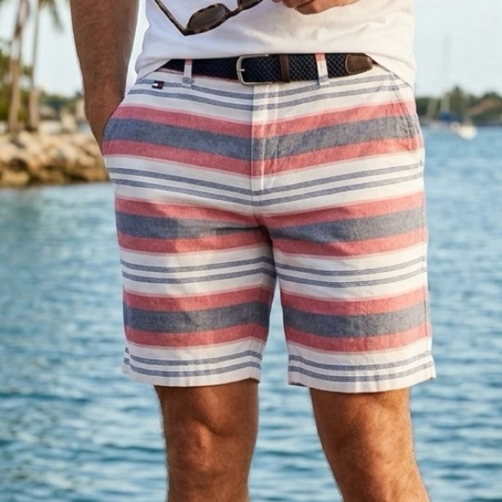 Tommy Hilfiger Red, Blue, and White Striped Board Shorts